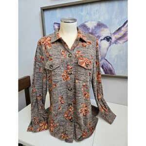 Figueroa & Flower Womens L Gray Orange Embroidered Flower Knit Button Up Sweater